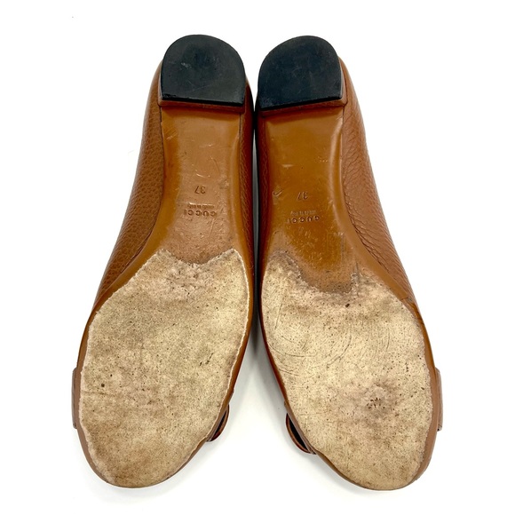 📌SOLD📌 GUCCI 100% AUTHENTIC BROWN LEATHER GOLD INTERLOCKING GG FLATS - Picture 16 of 16